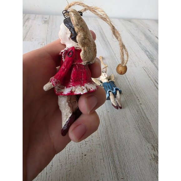 Jointed Angel cherub ornament vintage rustic crackle set are - Picture 7 of 10